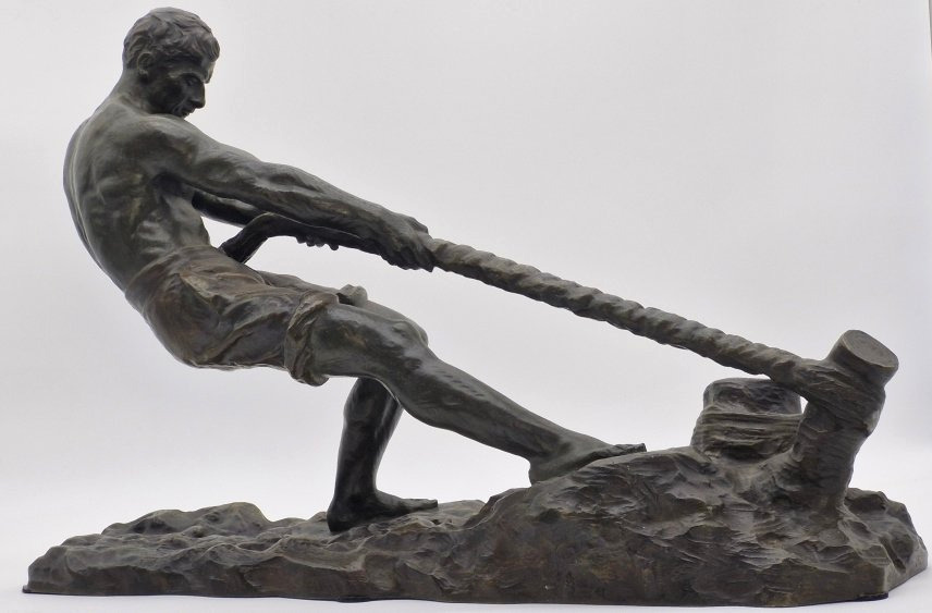 Ouline Alexandre (1918-1940)  grand bronze  art déco "Le Halage" à patine verte-photo-2