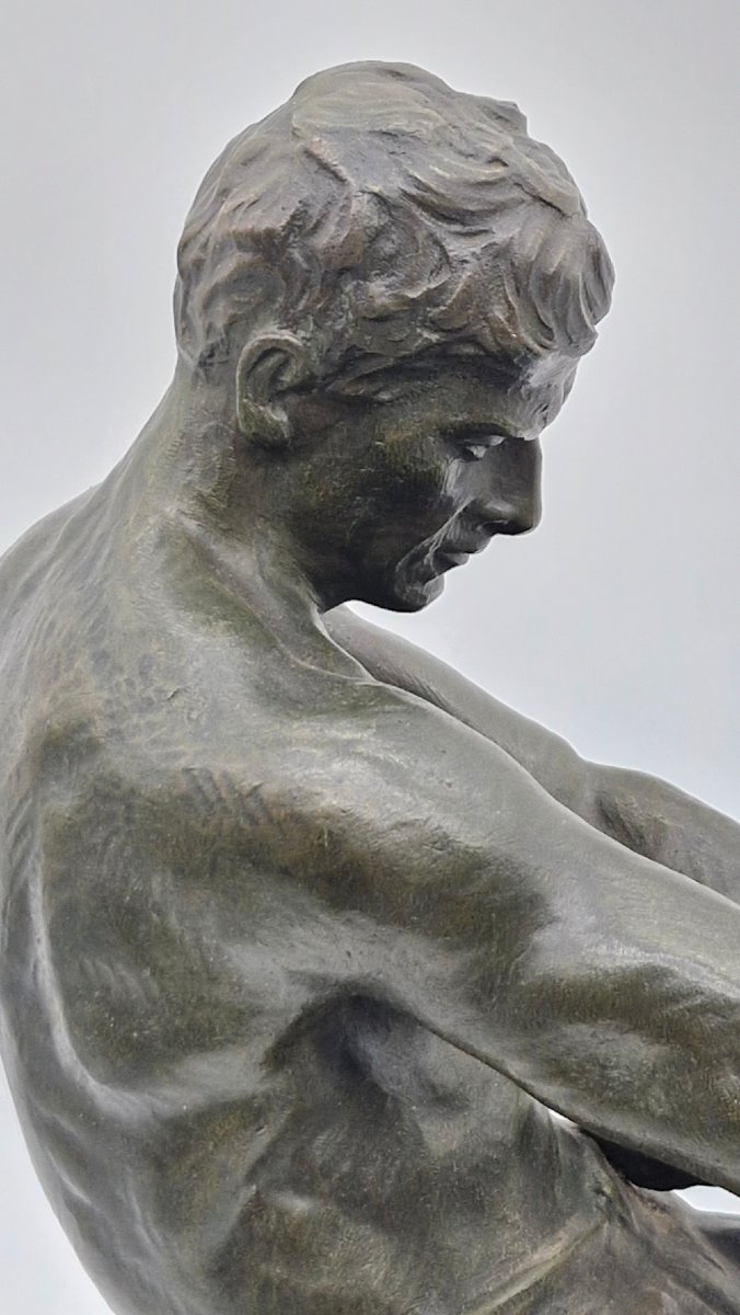 Ouline Alexandre (1918-1940)  grand bronze  art déco "Le Halage" à patine verte-photo-4