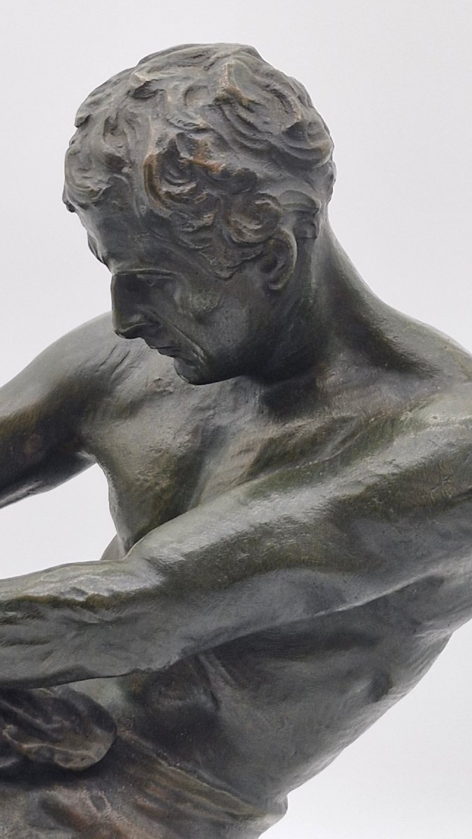 Ouline Alexandre (1918-1940)  grand bronze  art déco "Le Halage" à patine verte-photo-1