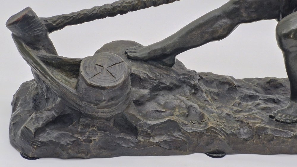Ouline Alexandre (1918-1940)  grand bronze  art déco "Le Halage" à patine verte-photo-2
