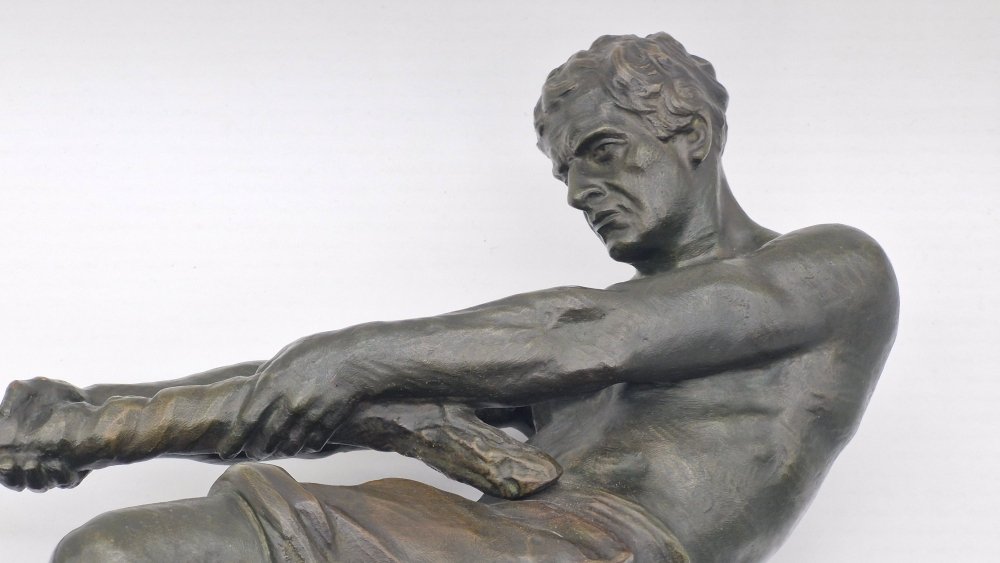Ouline Alexandre (1918-1940)  grand bronze  art déco "Le Halage" à patine verte-photo-5