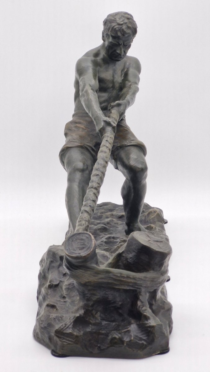 Ouline Alexandre (1918-1940)  grand bronze  art déco "Le Halage" à patine verte-photo-6