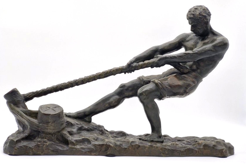 Ouline Alexandre (1918-1940)  grand bronze  art déco "Le Halage" à patine verte
