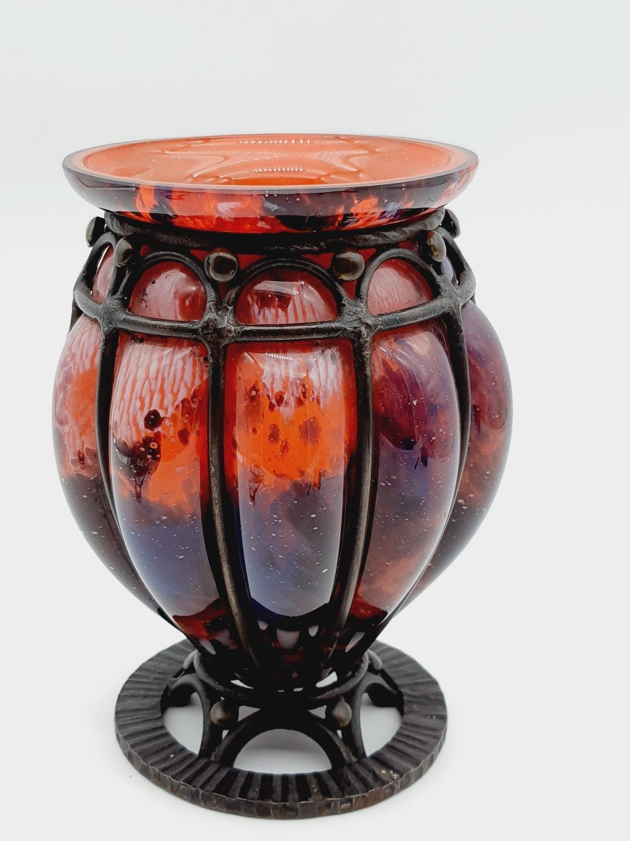 André Delatte Nancy Vase Multilayer Glass And Ironwork