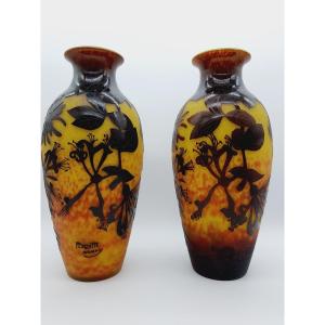 Pair Of Vases A. Delatte Nancy Multilayer Glass Cleared With Acid