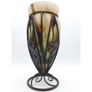 French Glass Vase Multilayer Blown Glass In A Wrought Iron Frame