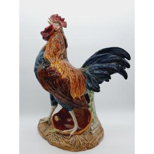 Important Rooster In Enameled Barbotine Choisy Le Roy Signed Carrier Belleuse Forming Flower Girl