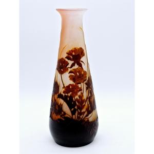Gallé Vase Decor Leaves And Flowers Acid-etched, Shaded Pink Glass And Brown Base