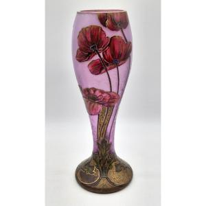 Montjoye Legras Vase With Poppy Design, Circa 1900, Height 38 Cm