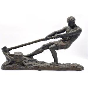 Ouline Alexandre (1918-1940) grand bronze art déco "Le Halage" à patine verte