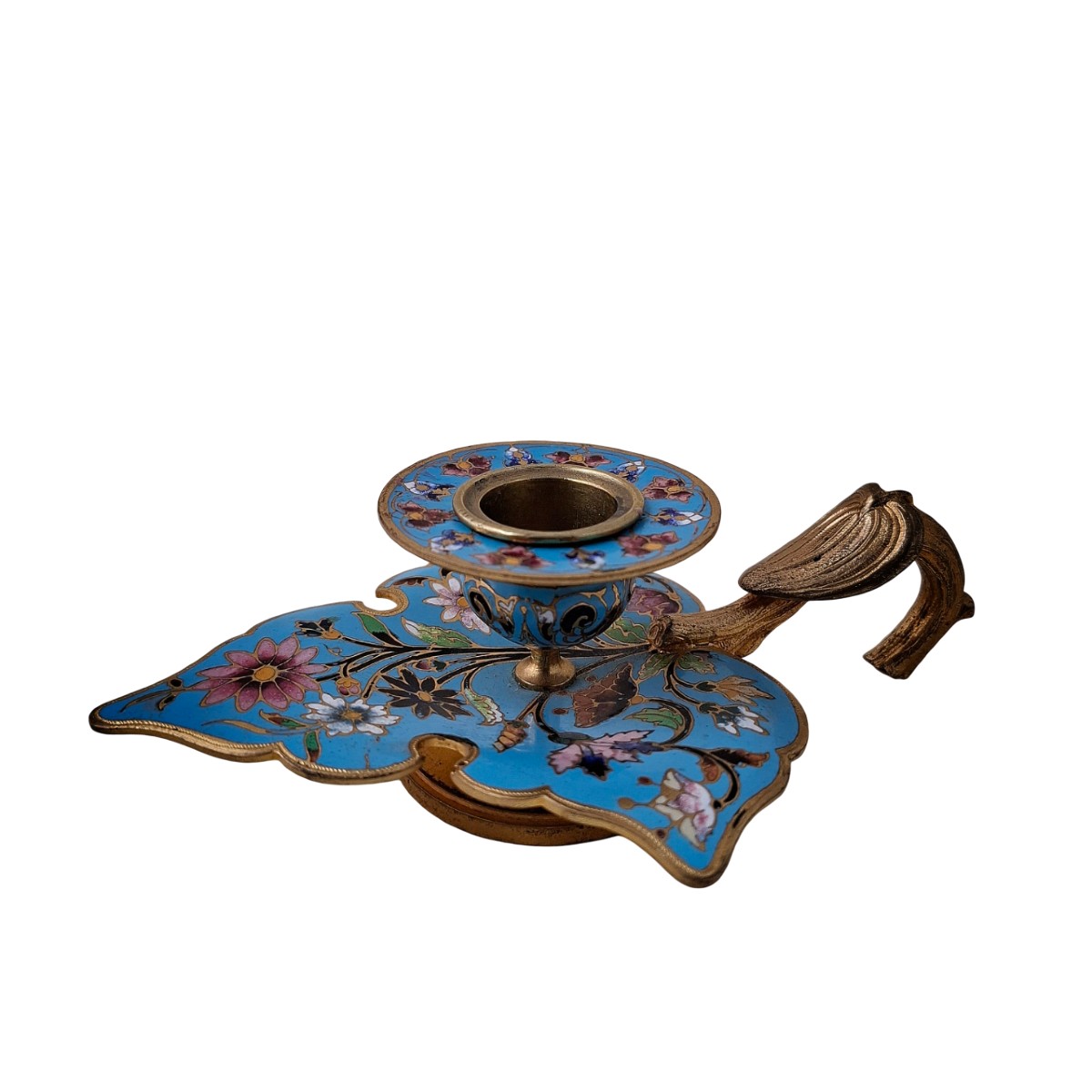 Bougeoir à main XIXᵉ siècle en bronze doré, émaux champlevés à décor floral, émaux cloisonnés.