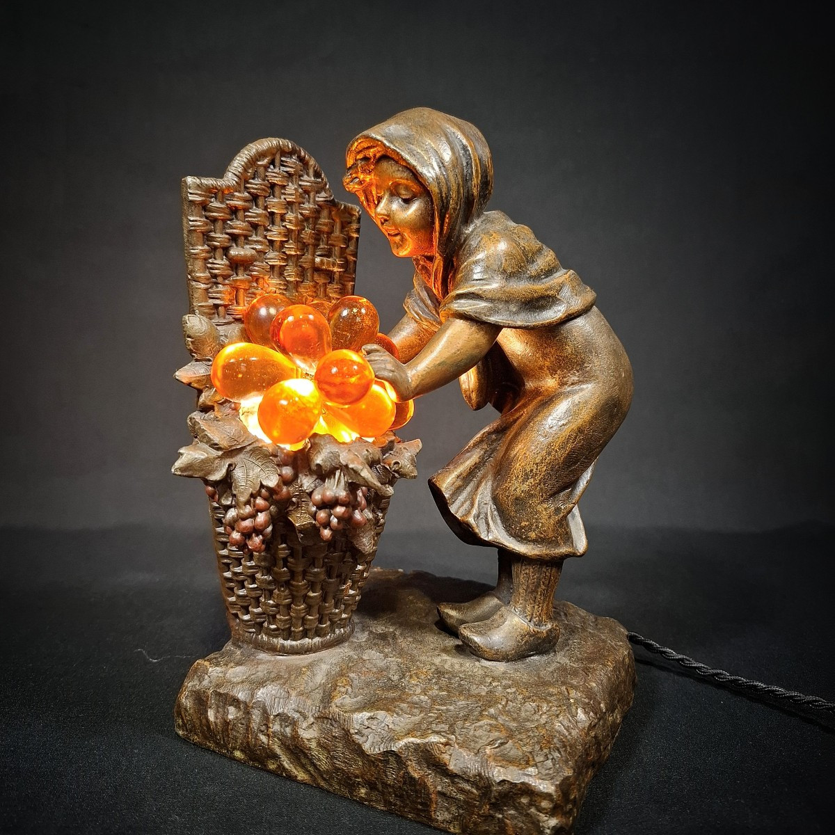 Art Nouveau Lamp, Night Light In Spelter – Young Girl & Harvest Basket