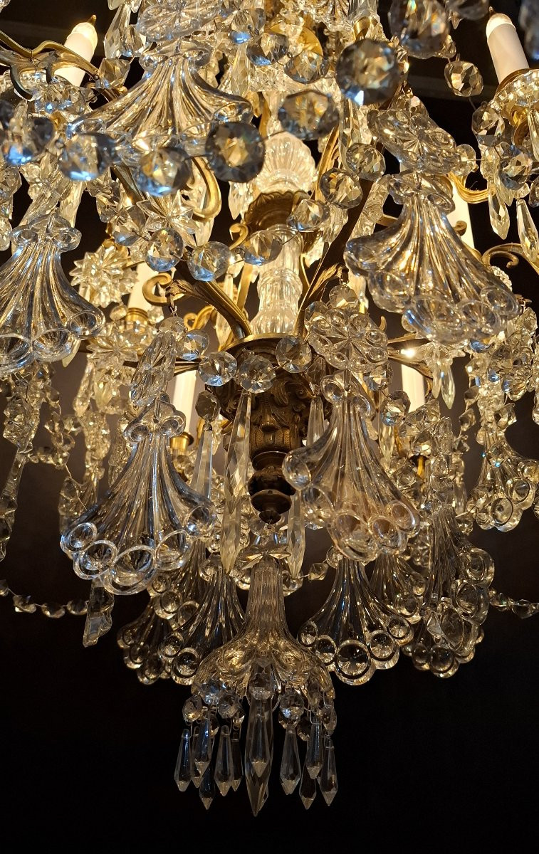 Baccarat Crystal Chandelier With Palmette Decoration, Bronze Mount With 12 Lights, 19th Century-photo-2