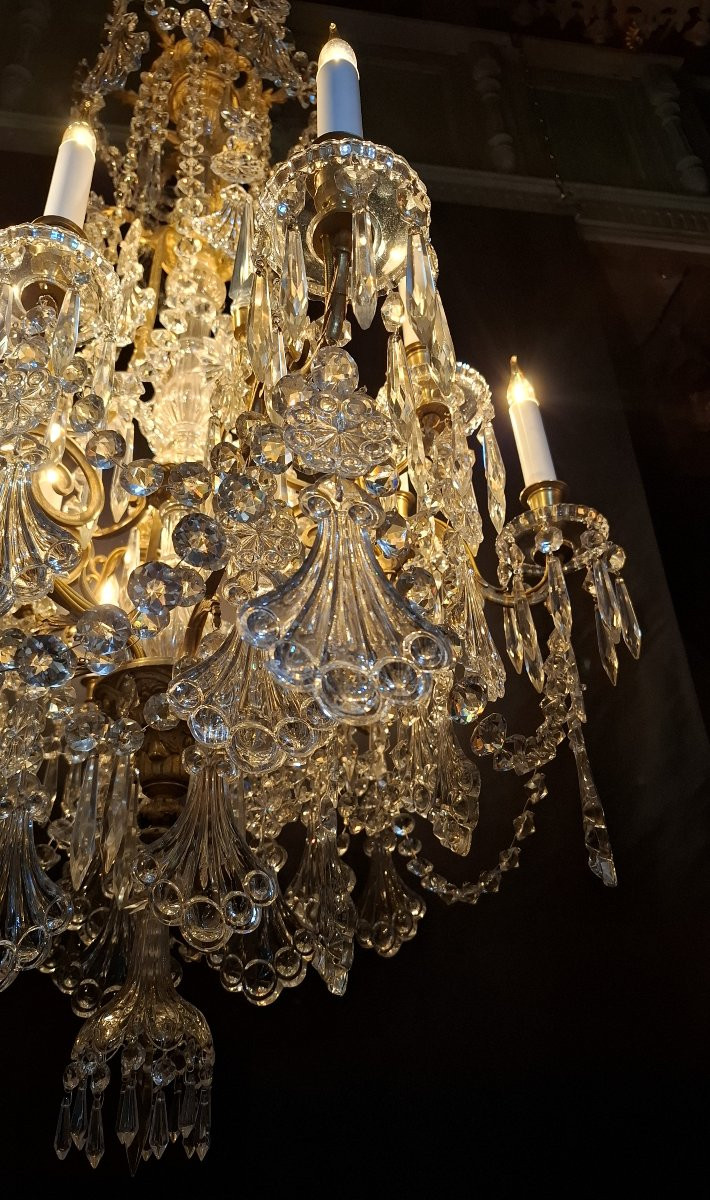 Baccarat Crystal Chandelier With Palmette Decoration, Bronze Mount With 12 Lights, 19th Century-photo-3