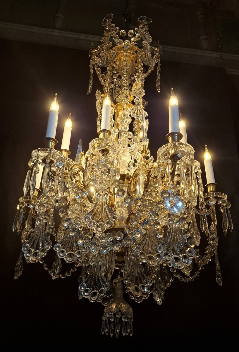 Baccarat Crystal Chandelier With Palmette Decoration, Bronze Mount With 12 Lights, 19th Century-photo-4