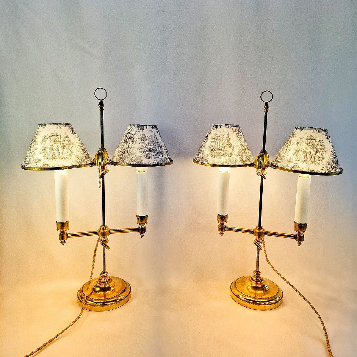 Pair Of Brass Bouillotte Lamps, Toile De Jouy Lampshade With Colonial Decor, Elephant Tiger -photo-4