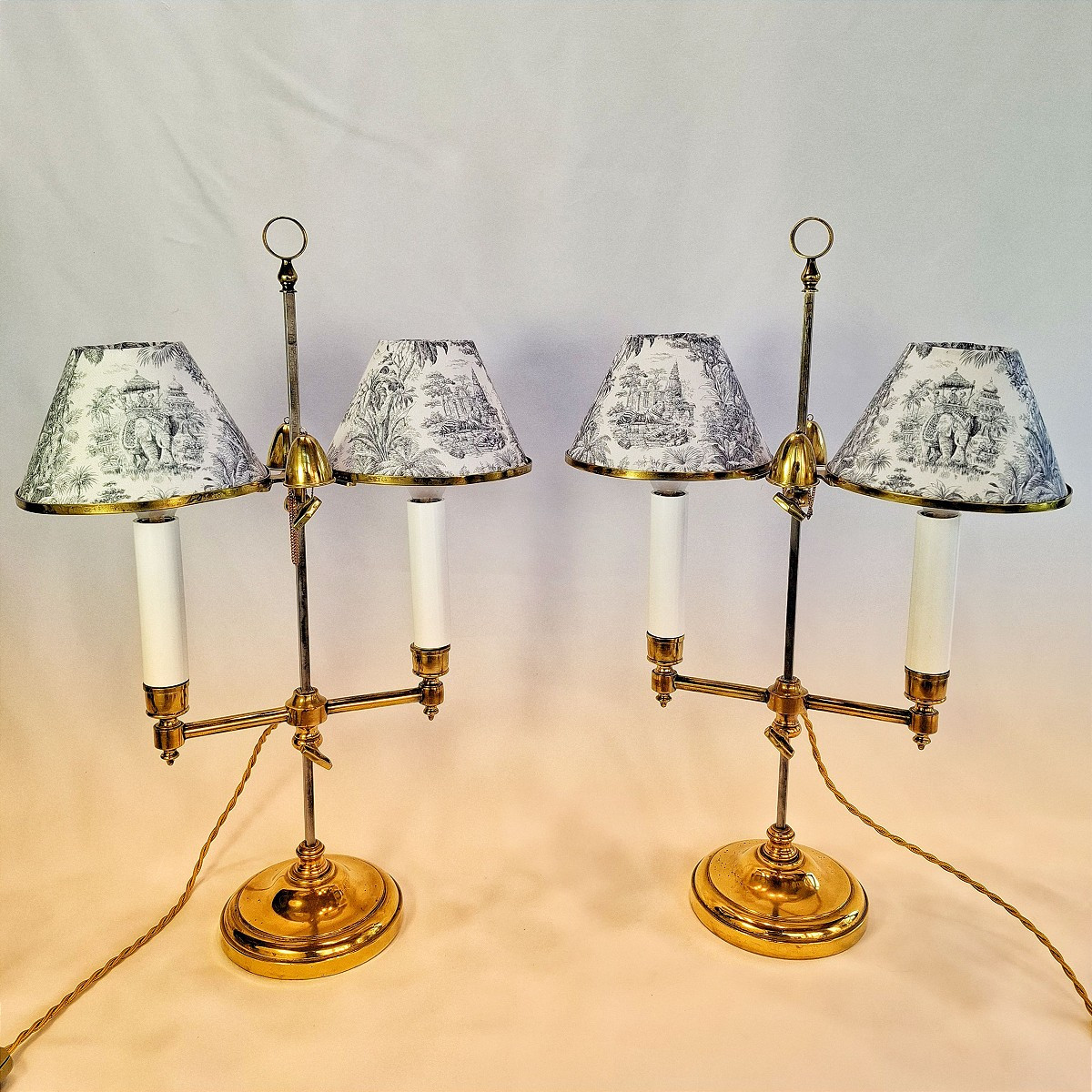 Pair Of Brass Bouillotte Lamps, Toile De Jouy Lampshade With Colonial Decor, Elephant Tiger 