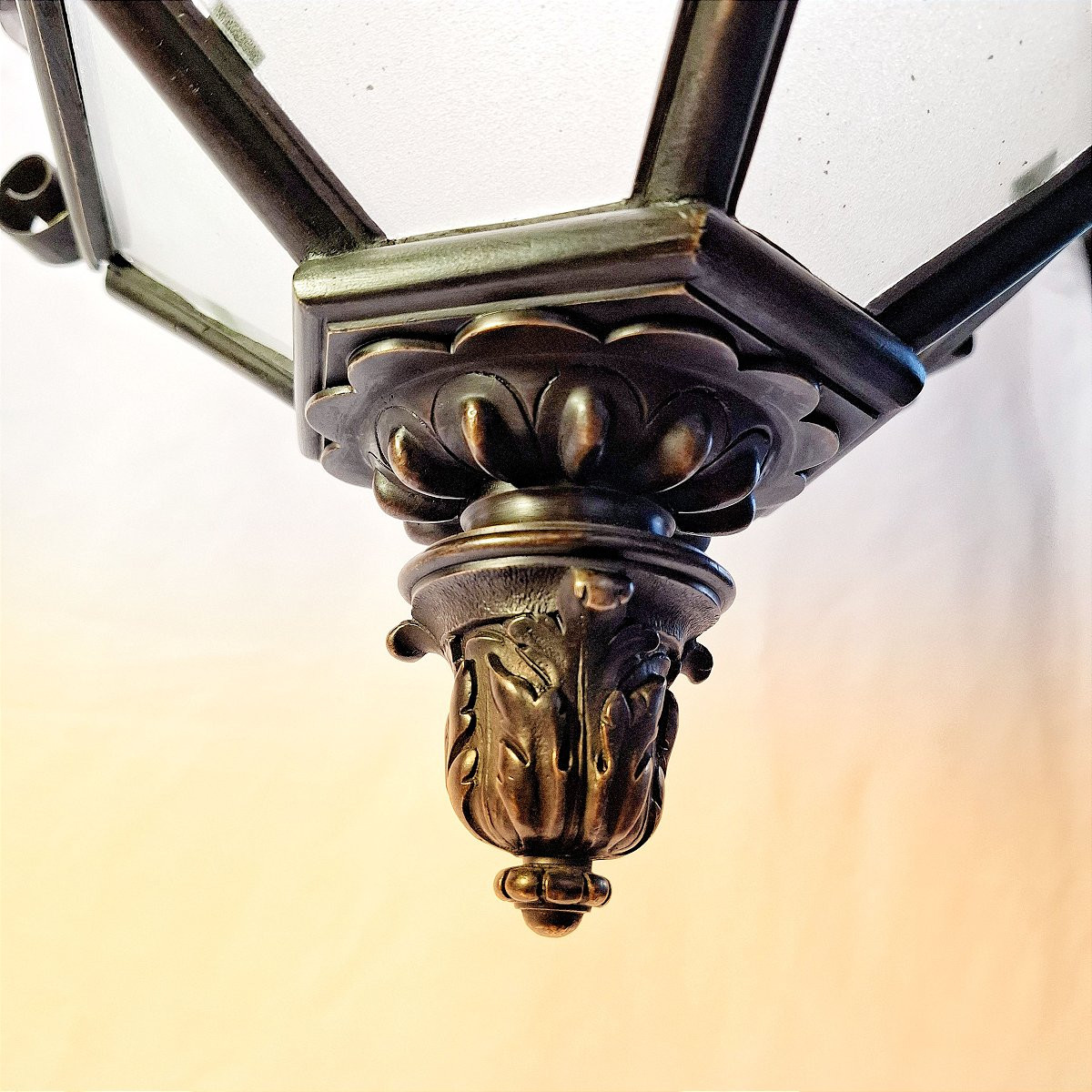 Large Hexagonal Lantern In Bronze And Brass, Fleur-de-lis Decoration – 19th / Early 20th Century-photo-2