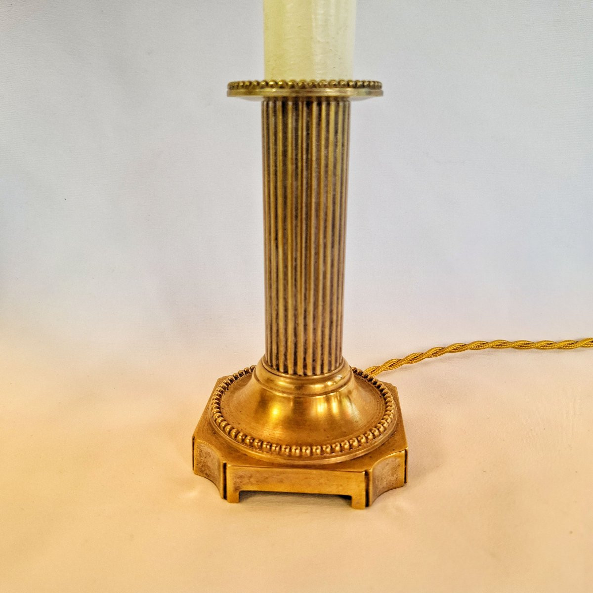 Pair Of Louis XVI Candlesticks Mounted As Lamps, Monogrammed Textile Lampshade, Bedside Lamp.  -photo-2