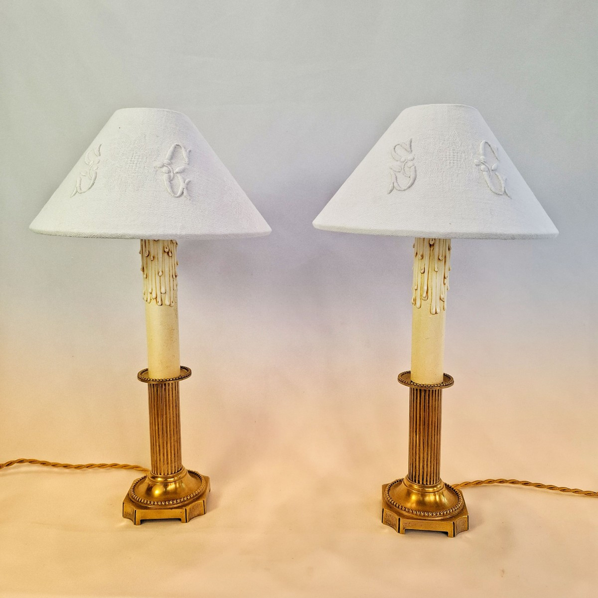 Pair Of Louis XVI Candlesticks Mounted As Lamps, Monogrammed Textile Lampshade, Bedside Lamp.  