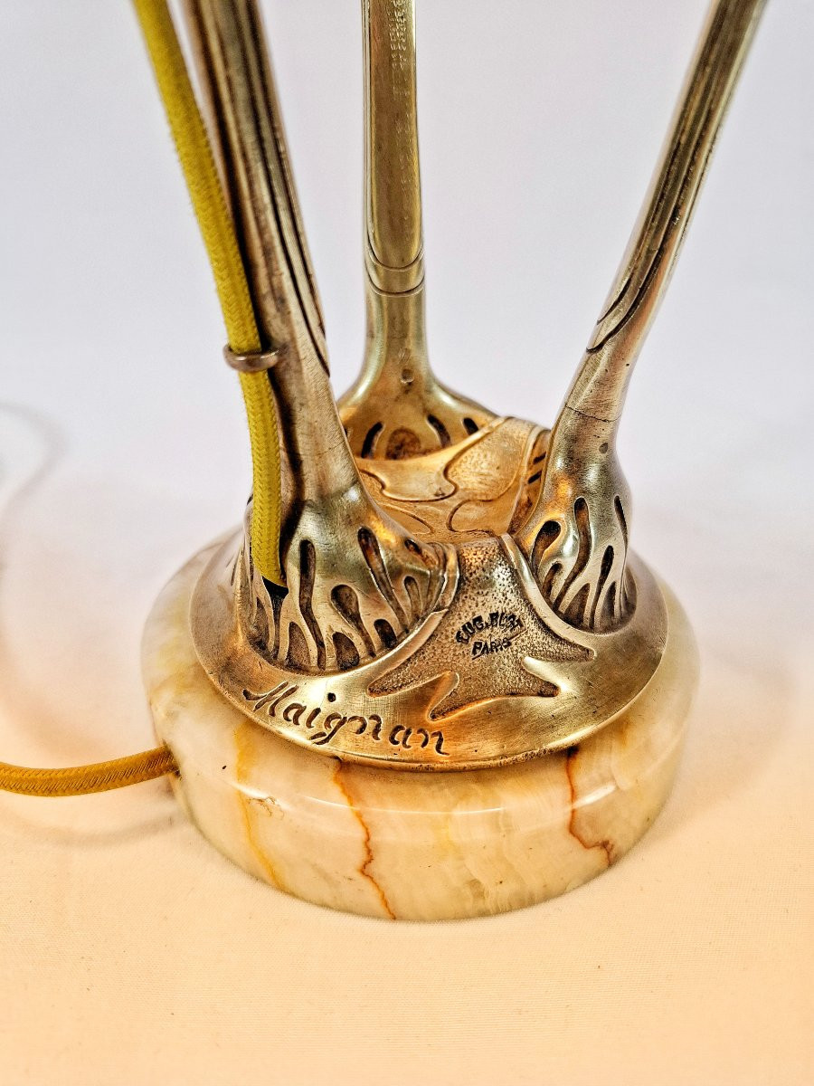 Lampe Art Nouveau en Bronze Signée Maignan, Socle en Onyx Blond, Vers 1900, Fondeur Eug. Blot-photo-3