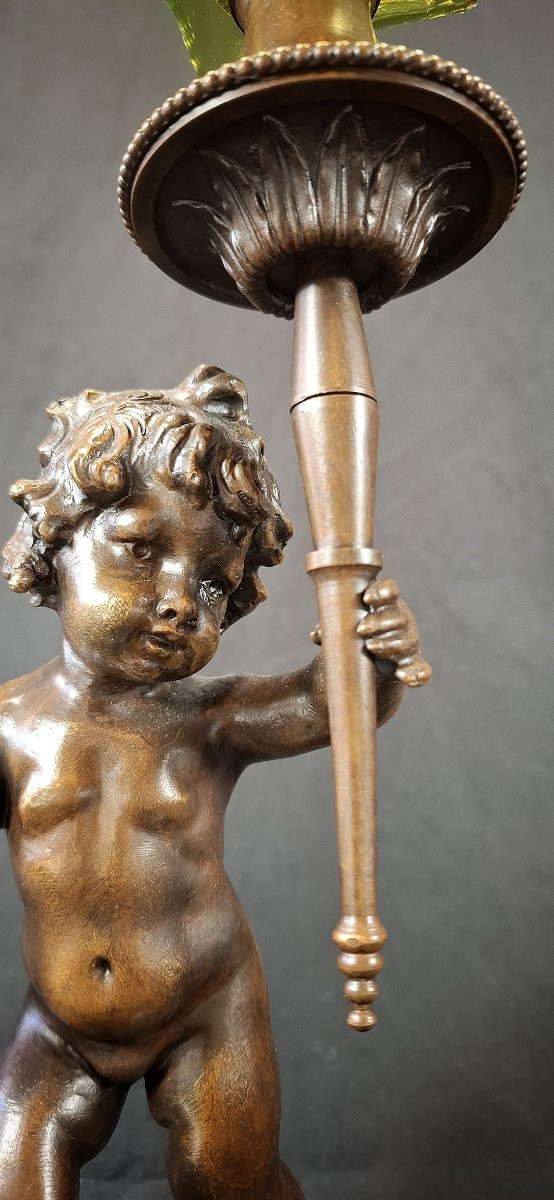 Louis XVI Style Table Lamp – Cherub In Patinated Bronze And Green Marble, Angel, Angelot 1920-photo-2