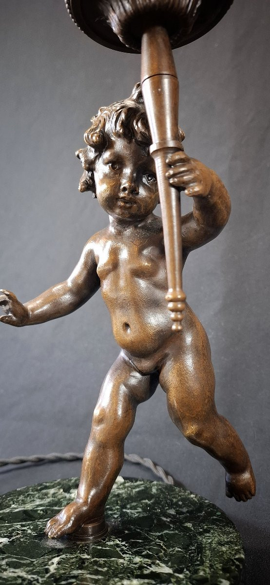 Louis XVI Style Table Lamp – Cherub In Patinated Bronze And Green Marble, Angel, Angelot 1920-photo-3