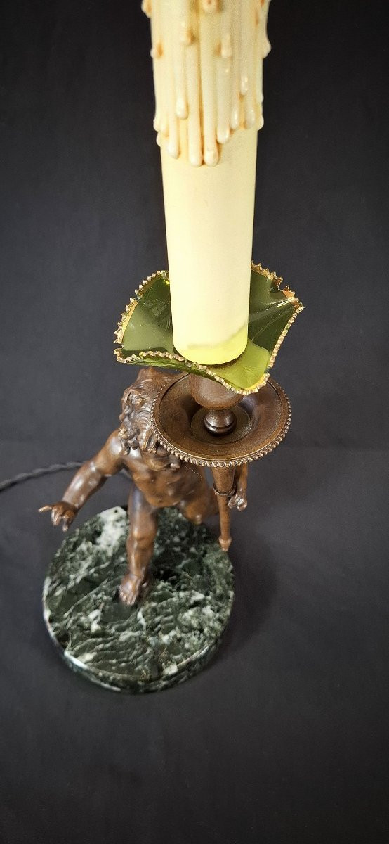Louis XVI Style Table Lamp – Cherub In Patinated Bronze And Green Marble, Angel, Angelot 1920-photo-4
