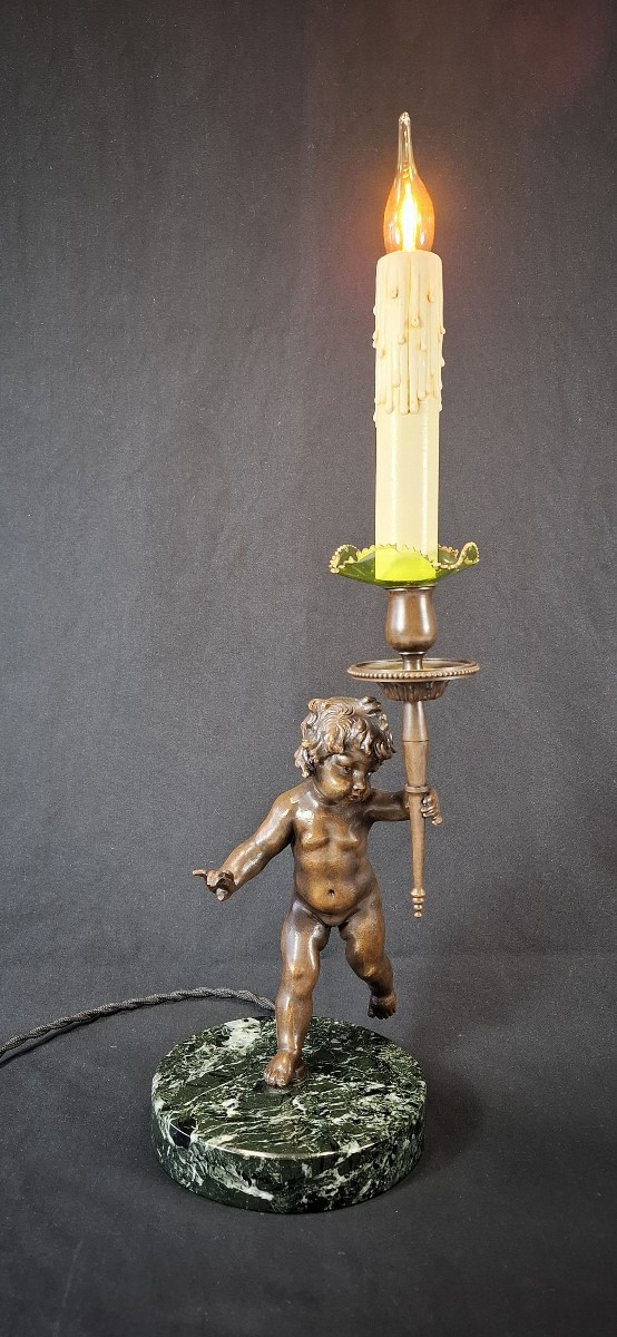 Louis XVI Style Table Lamp – Cherub In Patinated Bronze And Green Marble, Angel, Angelot 1920