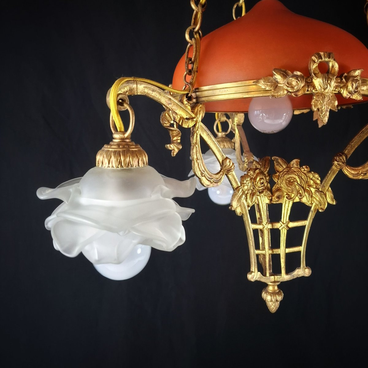 Art Deco Chandelier In Gilt Bronze & Orange Glass Paste, 1920s, Belle époque.  -photo-2