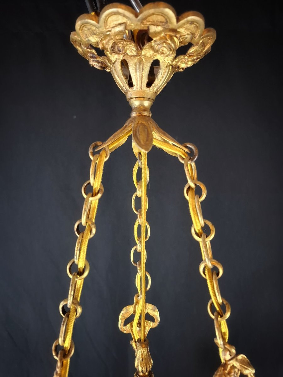 Art Deco Chandelier In Gilt Bronze & Orange Glass Paste, 1920s, Belle époque.  -photo-3