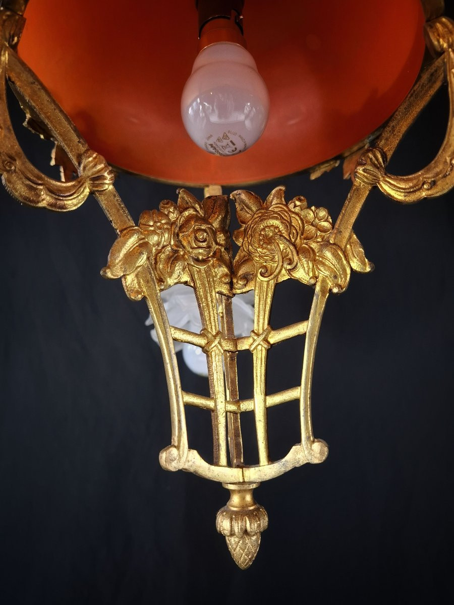 Art Deco Chandelier In Gilt Bronze & Orange Glass Paste, 1920s, Belle époque.  -photo-4