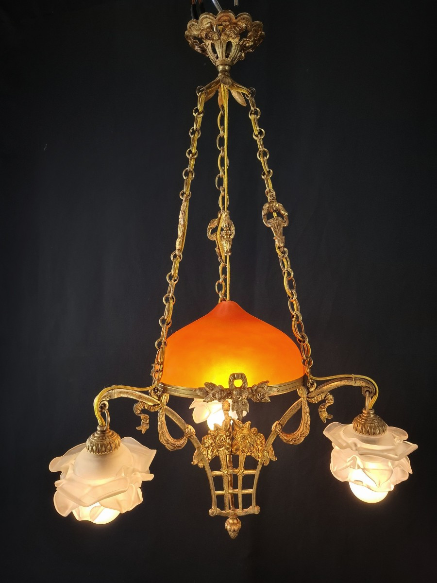 Art Deco Chandelier In Gilt Bronze & Orange Glass Paste, 1920s, Belle époque.  -photo-1
