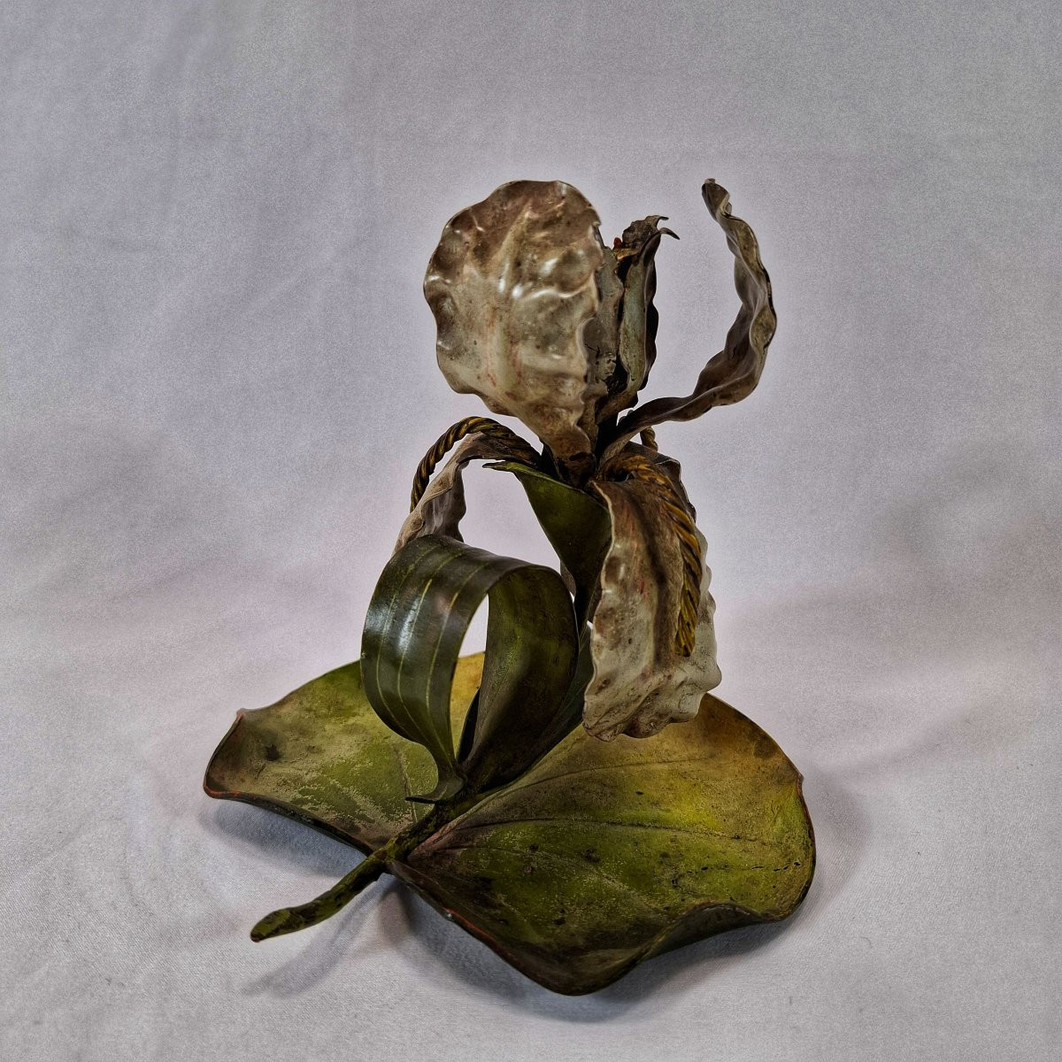 Art Nouveau Hand Candlestick In Painted Sheet Metal – Iris On A Water Lily Leaf, France, Circa 1900 -photo-2