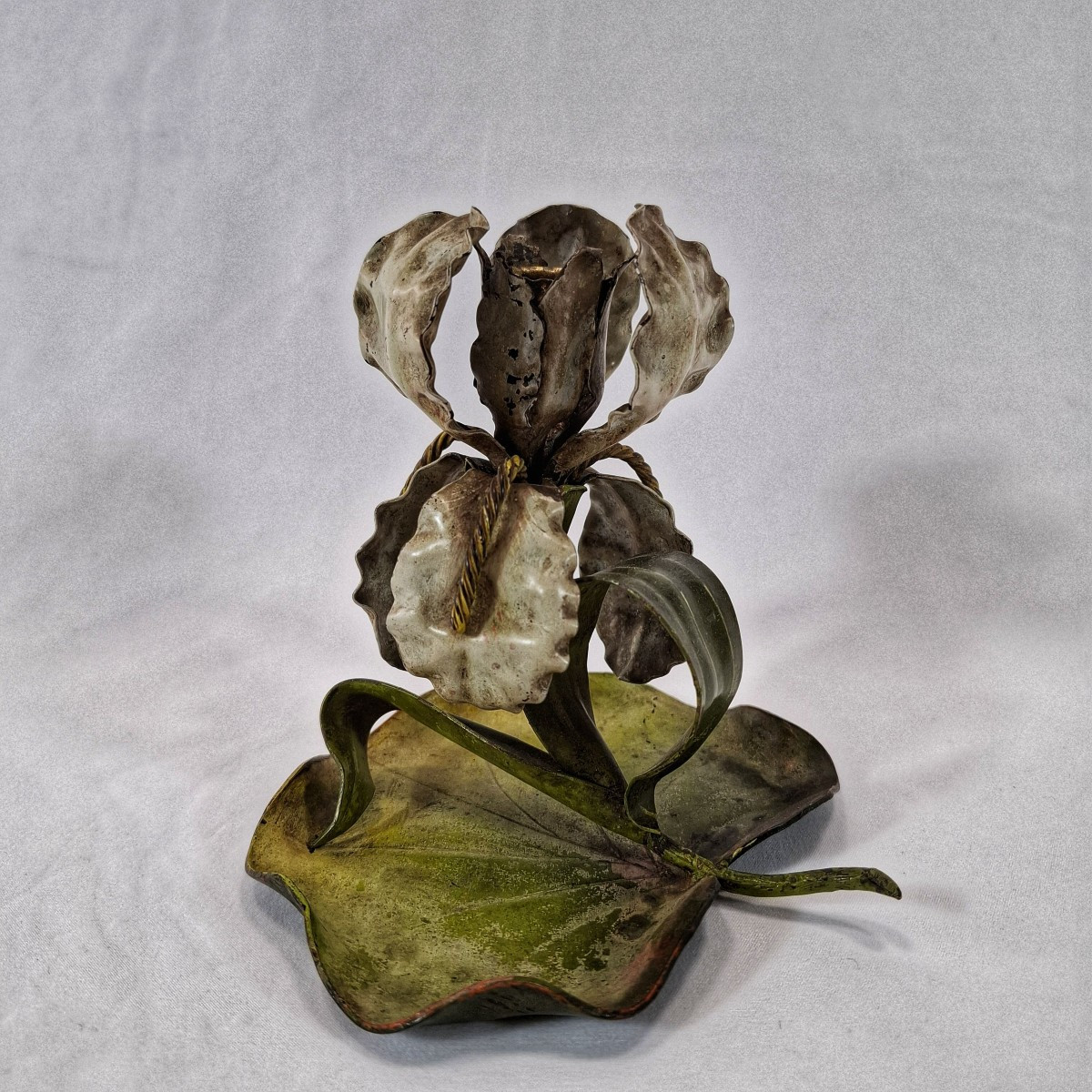 Art Nouveau Hand Candlestick In Painted Sheet Metal – Iris On A Water Lily Leaf, France, Circa 1900 -photo-1