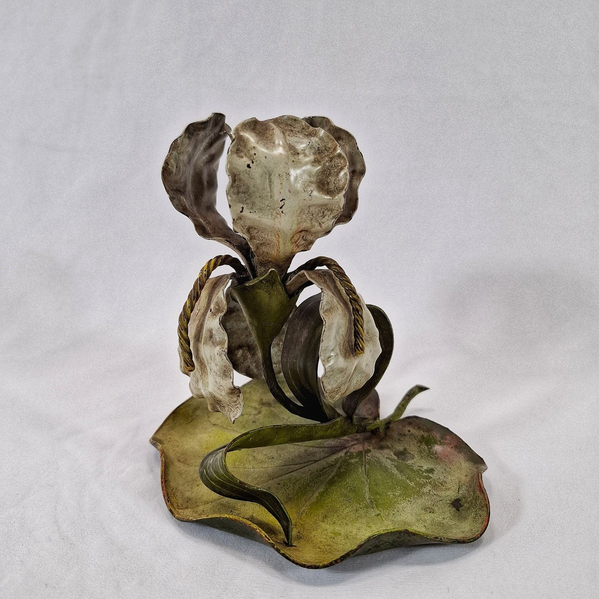 Art Nouveau Hand Candlestick In Painted Sheet Metal – Iris On A Water Lily Leaf, France, Circa 1900 