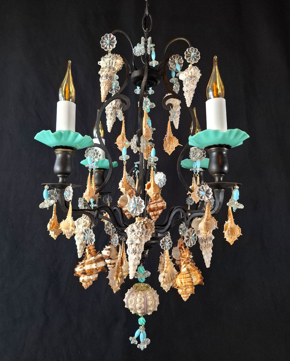 Lustre cage cabinet de curiosités, laiton patiné noir, opaline turquoise et coquillages-photo-3