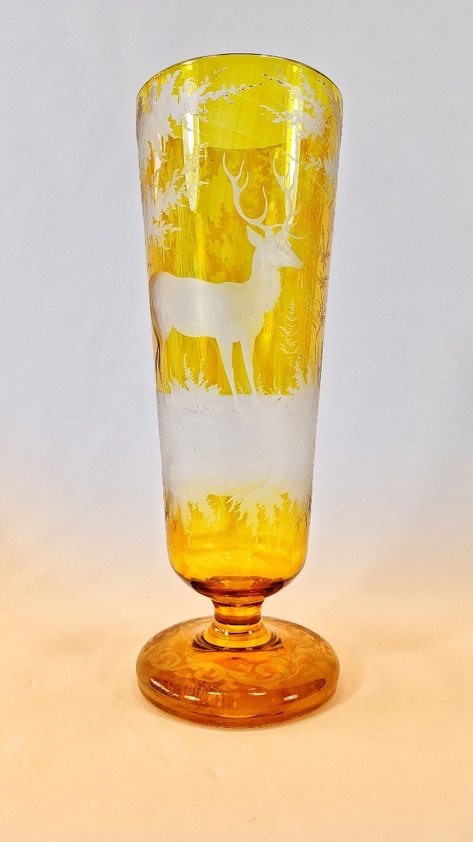 Amber Bohemian Crystal Vase, Wheel-cut With A Stag Motif – 19th Century