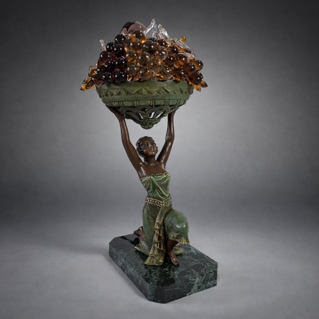Lampe Veilleuse Art Déco – Sculpture Femme Agenouillée, Panier de Fruits en verre Circa 1930.-photo-3