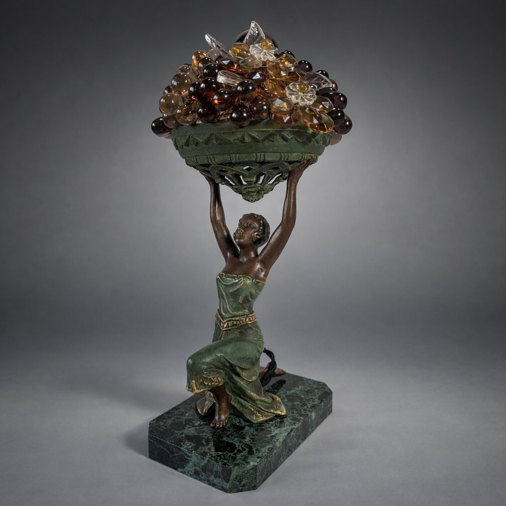 Lampe Veilleuse Art Déco – Sculpture Femme Agenouillée, Panier de Fruits en verre Circa 1930.-photo-4
