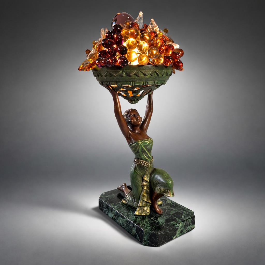 Lampe Veilleuse Art Déco – Sculpture Femme Agenouillée, Panier de Fruits en verre Circa 1930.