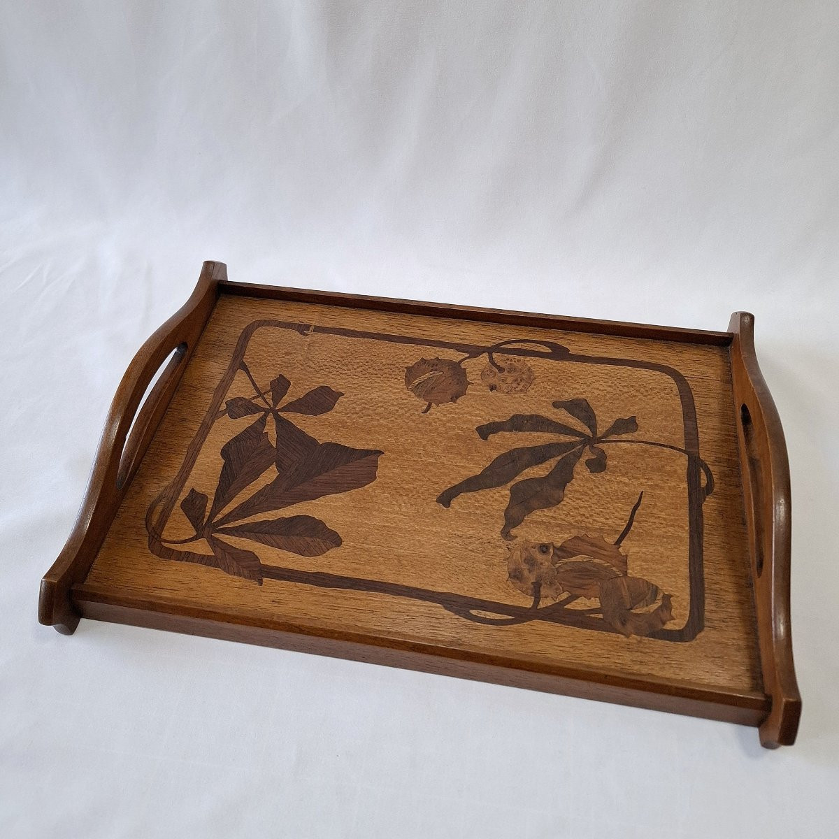 Art Nouveau Marquetry Tray – Chestnut Wood Decoration – In The Style Of Gallé Or Majorelle-photo-2