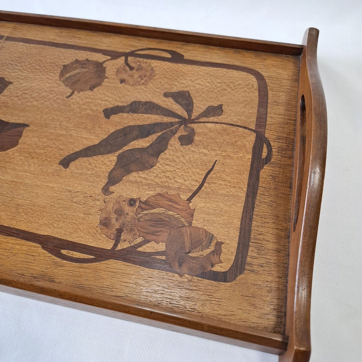 Art Nouveau Marquetry Tray – Chestnut Wood Decoration – In The Style Of Gallé Or Majorelle-photo-3