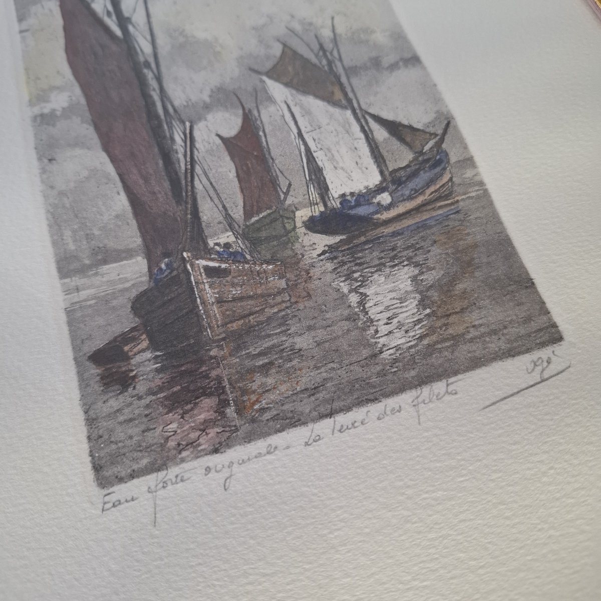 Pierre-françois Ogé (1869-1913) – Raising The Nets – Original Etching, Breton Seascape, 19th Century-photo-1