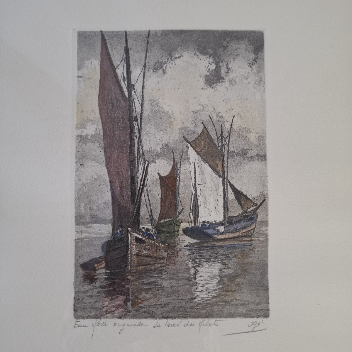 Pierre-françois Ogé (1869-1913) – Raising The Nets – Original Etching, Breton Seascape, 19th Century