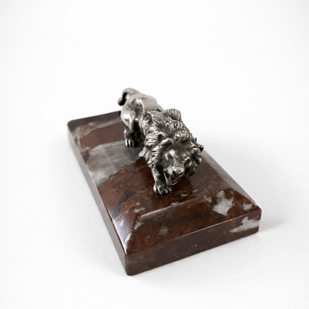 Silvered Bronze Paperweight With A Roaring Lion After Thomas Cartier – Red Marble – 1910-photo-1