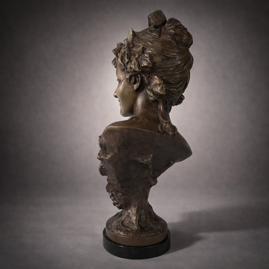Art Nouveau Female Bust In Patinated Green Bronze Spelter, Signed P. Rigual, Black Marble Base, Circa 1900-photo-3