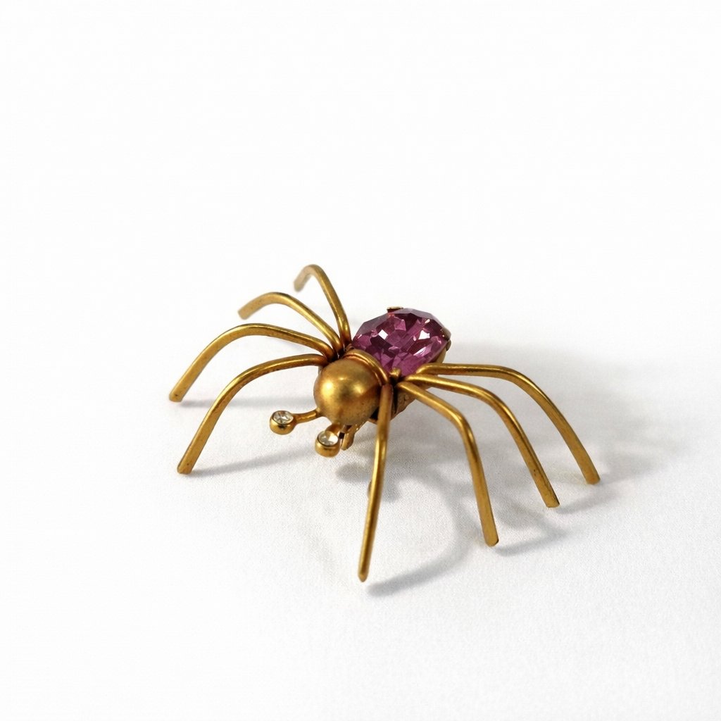 Czechoslovakian Spider Brooch – Pink Rhinestones And Gold-tone Metal – Circa 1930/1950 Art Deco-photo-2