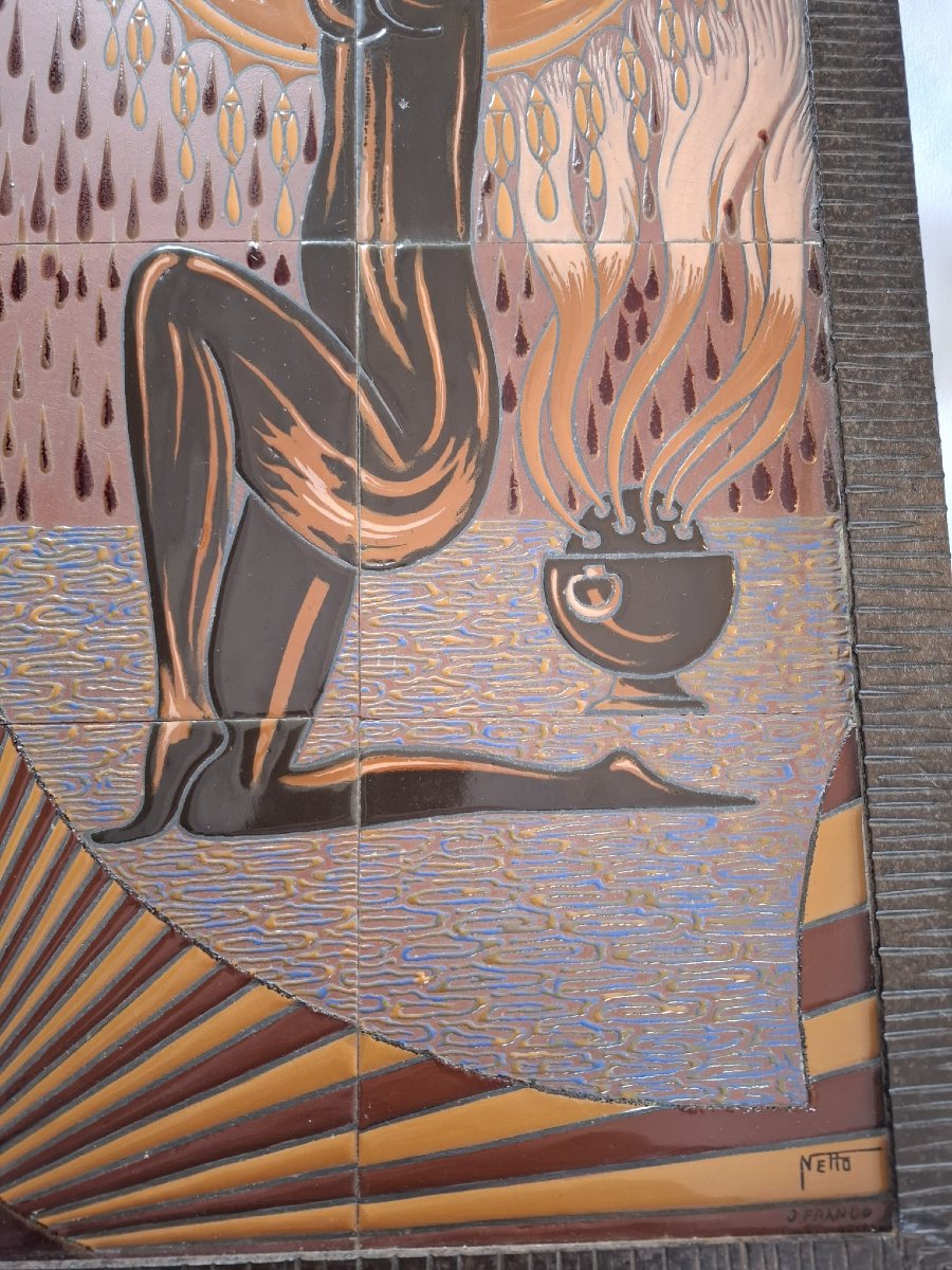 Art Deco Ceramic And Iron Wall Panel, Depicting A Vestal Virgin, Signed J. Franco & Nefto-photo-3