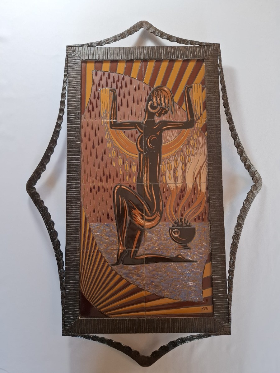 Art Deco Ceramic And Iron Wall Panel, Depicting A Vestal Virgin, Signed J. Franco & Nefto